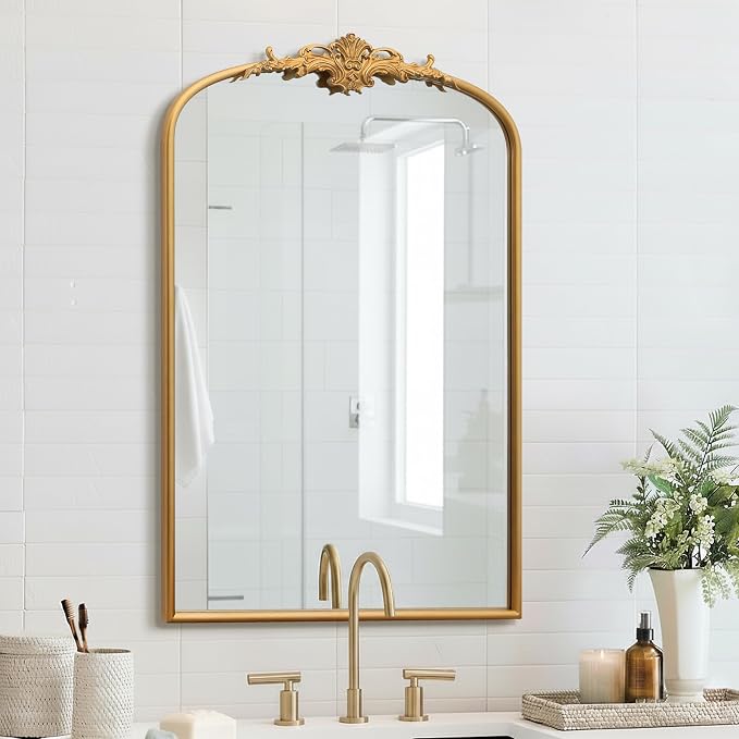 Besdomus Antique Large Wall Mirror: 24"x36" French Arch Gold Vanity Mirrors | Vintage Metal Framed Decorative - Baroque Traditional Ornate for Entryway/Bathroom/Dresser - Ideal for Bathroom Renovations