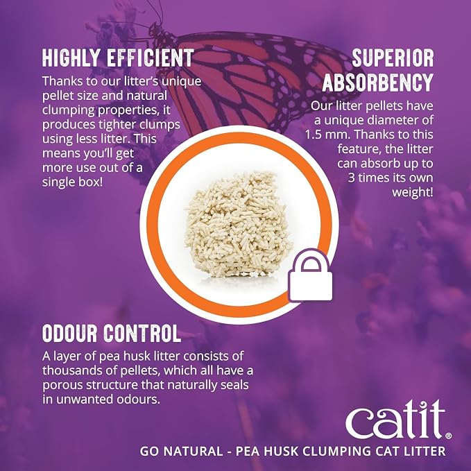 Catit Go Natural Pea Husk Clumping Cat Litter, 12.3 lb, Lavender Scented | Lightweight, Dust Free, Easy Cleaning & Scooping, Flushable Kitty Litter with Odor Control & Subtle Fragrance