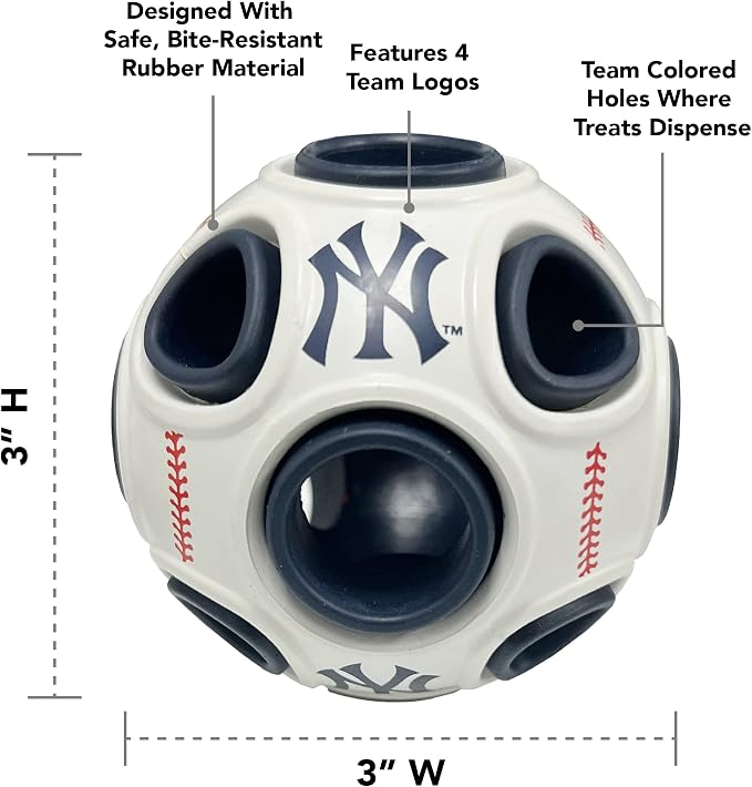 Pets First MLB New York Yankees Baseball Treat Dispensing Toy for Dogs and Cats, Rubber Ball, Interactive Fun Dog/Cat Treat, Natural Rubber Dog/Cat Feeder