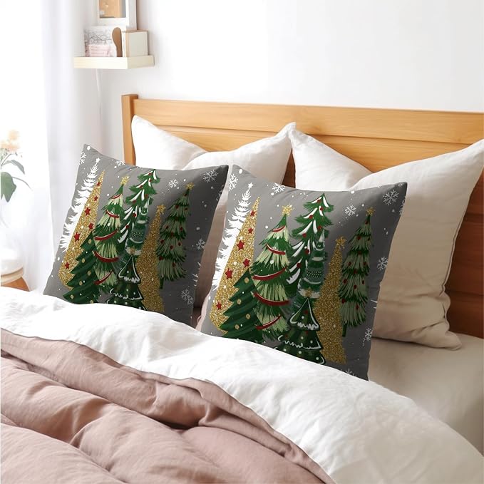 Kawani Christmas Grey Throw Pillow Covers 22x22 Inches, Set of 2 Gold Green Xmas Trees Snow Square Pillowcase Cotton Linen Cushion Cover for Couch Chair Sofa Bed Living Room Decor