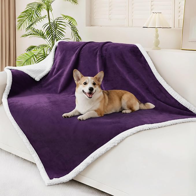 Smiry Waterproof Blanket Throw, Reversible Dog Blanket for Sofa Couch Bed | Soft Leakproof Sherpa Fleece, Washable Furniture Couch Protector for Large Dogs Cats, 50"x60", Dark Purple/White