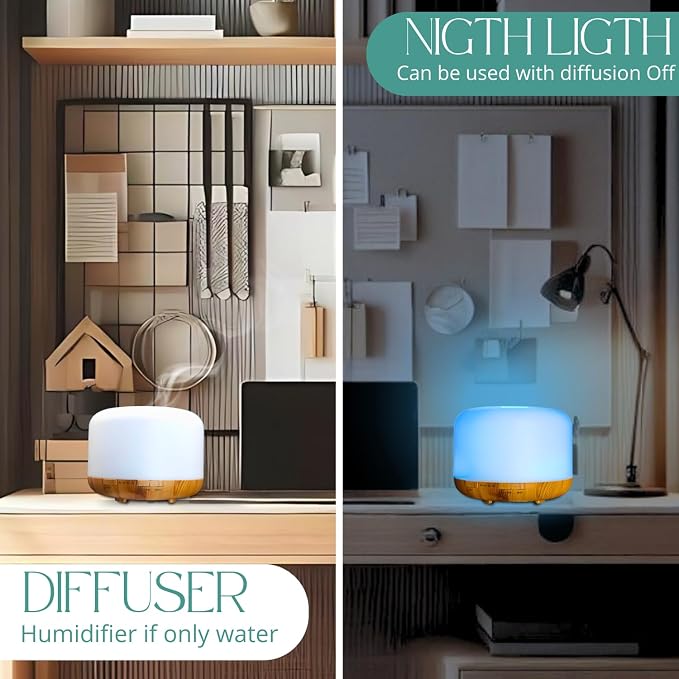 Mystic Romance Essential Oil Diffuser, 500ml Aromatherapy Humidifer and Nigth Ligth for Relaxing Atmosphere in Home Office Yoga and Spa, for Everyone, Auto-Off Safety Switch. Light Wood