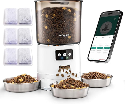 Automatic Cat Feeder with 3 Bowls, Strong Anti-Jam System, Dual-Effect Desiccant, Smart WiFi App Control Pet Feeder, Ivory