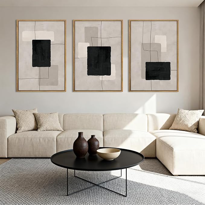 ANHUIB Modern Abstract Wall Art Canvas,Neutral Abstract Wall Art Framed,Contemporary Minimalist Prints,Geometric Line Artwork,3 Piece 24 * 36IN Mid Century Painting for Living Room Bedroom Office
