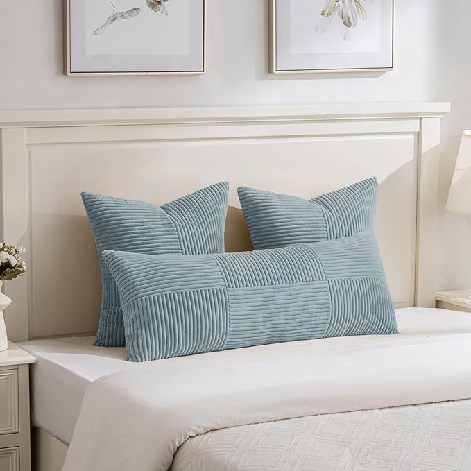Fancy Homi Set of 1 Light Blue Boho Long Lumbar Body Decorative Throw Pillow Cover 14x36 Inch for Bed Couch Bedroom Bench, Soft Patchwork Corduroy Textured Pillow Case, Coastal Blue Room Decor