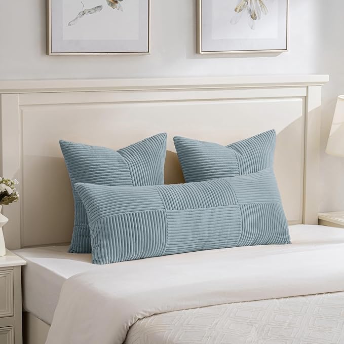 Fancy Homi Set of 1 Light Blue Boho Long Lumbar Body Decorative Throw Pillow Cover 21x54 Inch for Bed Couch Bedroom Bench, Soft Patchwork Corduroy Textured Pillow Case, Coastal Blue Room Decor