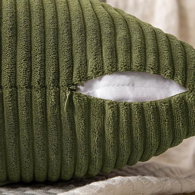 MIULEE Olive Green Decorative Lumbar Throw Pillow Covers 12x20 Inch 2 Pack | Boho Farmhouse Pillow Covers, Soft Cross Corduroy Patchwork Textured Cushion Cases For Bed Sofa