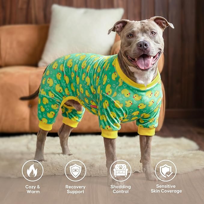 KYEESE Velvet Dog Pajamas for Medium Large Dogs Soft Onesie, Yellow Duck | 4-Way Stretch, Lightweight & Breathable, Reduces Shedding, Gentle on Sensitive Skin, Recovery Support, Easy Potty Breaks