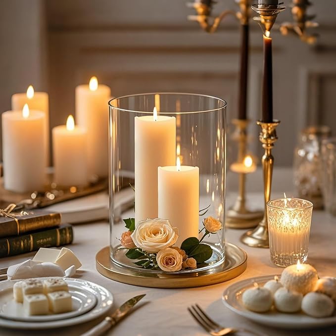6pcs 6" x 4.7" Clear Glass Cylinder Vases for Centerpieces | Wide Mouth Flower Vases for Wedding & Home Decor, Hurricane Floating Candle Holders for Table, Includes 2 Floral Tapes