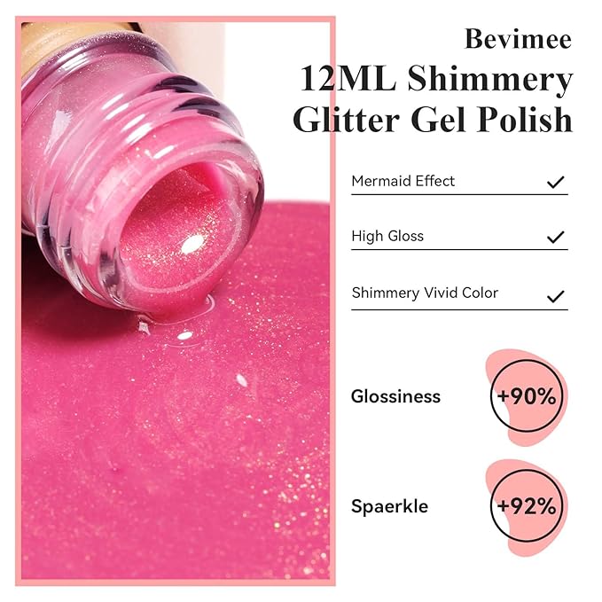 Pink Shimmer Gel Nail Polish, Dark Pink Color Holographic Glitter Jelly Gel Polish Soak Off UV Neutral Nail Polish Gel for Valentine's Day Gift Nail Art Salon at Home, 12ML