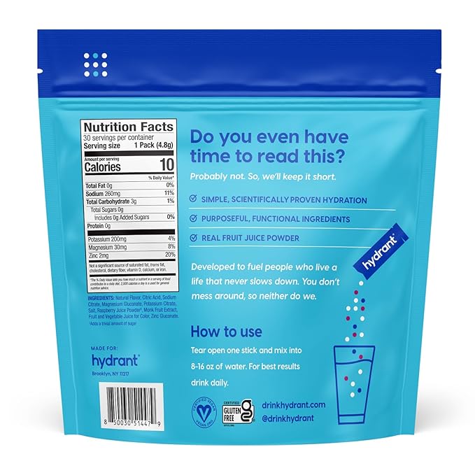 Hydrant - Hydration Powder, Berry Burst Flavor, 30 Individual Sugar-Free Instant Electrolyte Rehydration Packets - Zero Sugar Drink Mix for Daily Use, Travel & Workouts