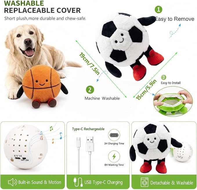 Football Interactive Dog Toys, Active Moving Pet Plush Toy, 2026 New Shaking Dog Ball Dog Toy Interactive Dog Ball with Song Squeaky Moving Dog Ball Toy, Rechargeable Toys to Keep Them Busy Dog Toys