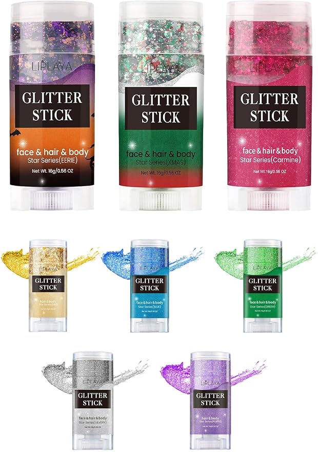 Body Glitter Stick, Sparkling Holographic Sequins Neon Outfit Party Mardi Gras Accessories Face Paint Hair and Body Glitter Gel Makeup.(Black &Orange &Purple)