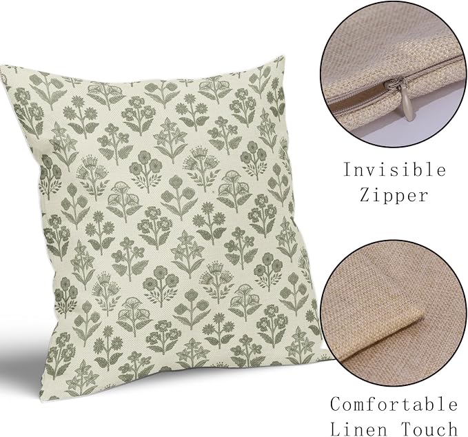 Sage Green Floral Pillow Covers 20x20 Inch Set of 2, Vintage Flower Block Print Pattern Decorative Throw Pillowcases Outdoor Farmhouse Cushion Covers Spring Summer Rustic Sofa Couch Bed Decor