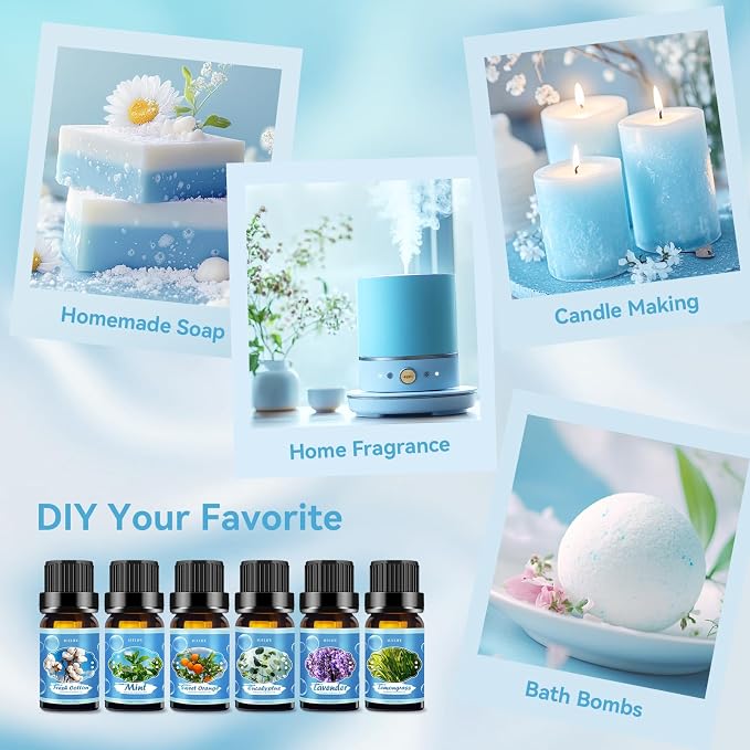 Clean Essential Oils Set for Diffuser & Candle Making | 6 Pack Premium Aromatherapy Oils Gift Set - Lavender, Eucalyptus, Mint, Sweet Orange, Lemongrass, Clean Cotton for Home