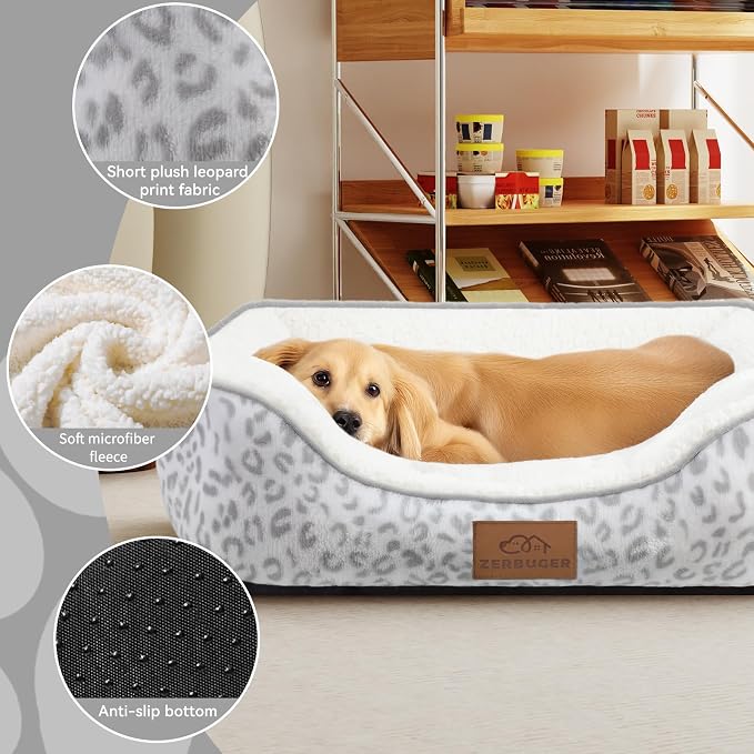 Zerbuger 25in White Leopard Rectangle Cat Dog Bed Machine Washable Sofa | Sleeping for Large Medium Small Pets Indoor Outdoor, Non-Slip Bottom Soft Puppy Bed Durable Orthopedic Calming Pet Cuddler