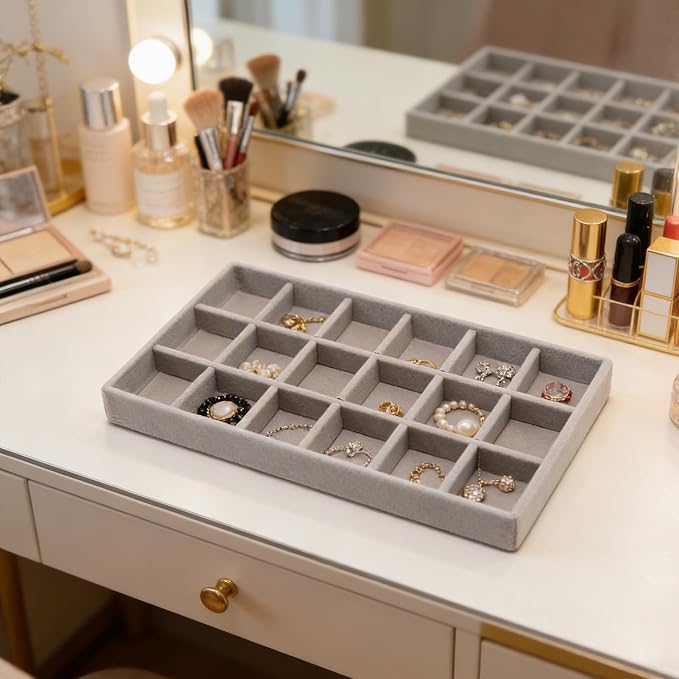 Velvet Jewelry Organizer Trays Gray, 18 Grids | Stackable Jewelry Storage Display Tray with Removable Dividers for Drawer Dresser Cloest