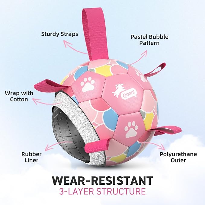 QDAN Dog Soccer Ball Toy with Strap, Pastel Color Puppy Toys Gifts, 6 Inch