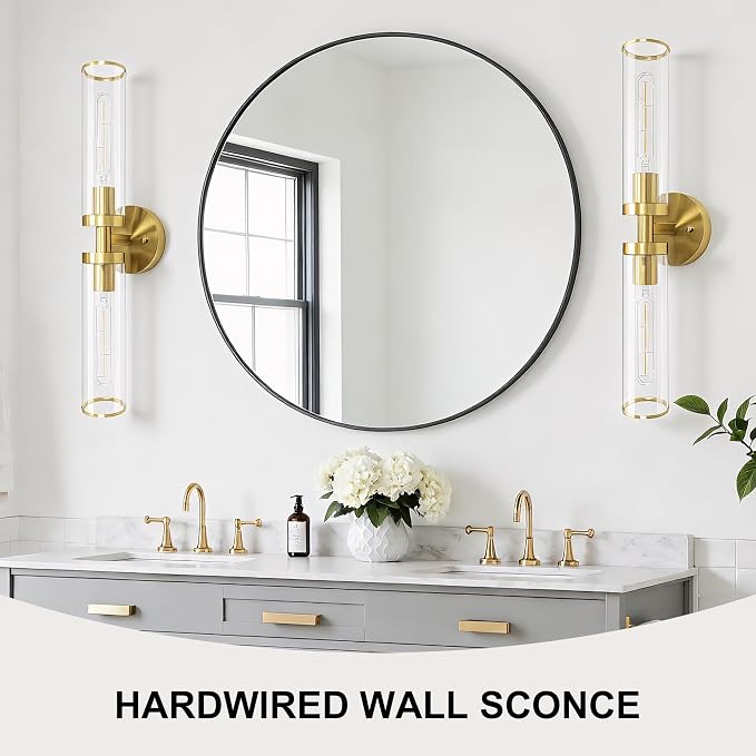 Gold Wall Sconces, Bathroom Sconces Vanity Light Fixtures with Clear Glass, Set of 2, Brushed Gold Sconces Wall Decor, for Living Room/Bathroom Corridor Mirror/Bedroom Hallway Stairwell