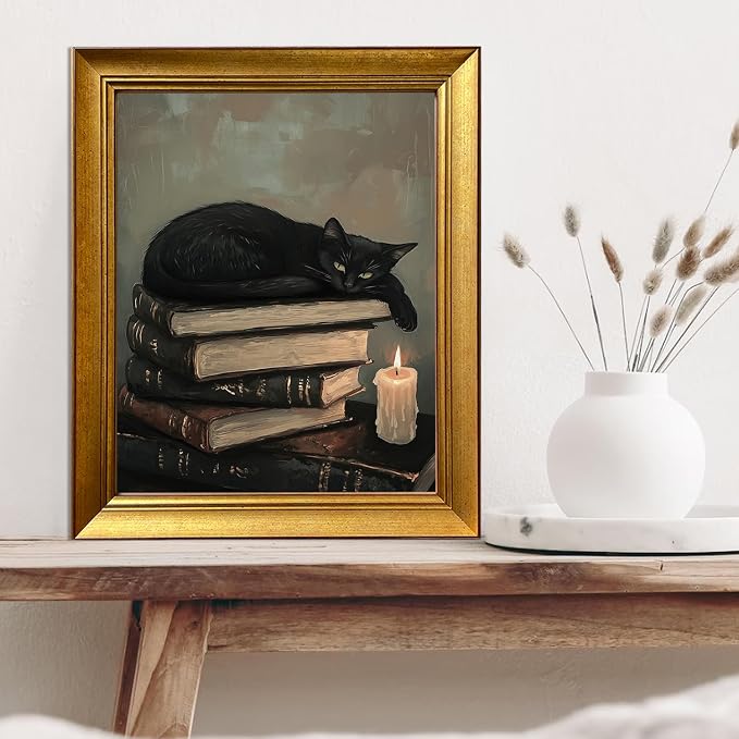Framed Vintage Cat Wall Art for Bedroom Decor Antique Painting Black Cat Wall Art Canvas Print for Study Room Living Room Home Decor Aesthetic