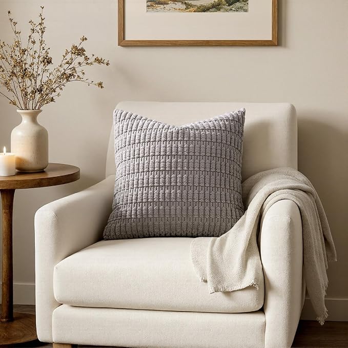 MIULEE Corduroy Decorative Throw Pillow Covers 16x16 Light Grey Pack of 2 | Soft Boho Striped Pillow Covers Modern Farmhouse Home Decor For Sofa Living Room Couch Bed