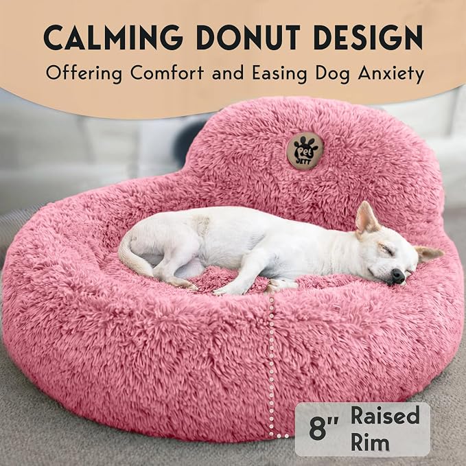 PetJett Calming Medium Dog Bed - 30'' Round Dog Beds, Anti-Slip & Washable Super Soft Fluffy Plush Donut Bed, Anti-Anxiety Premium Comfort Pet Bed, Fits Dogs up to 45 lbs - Pink