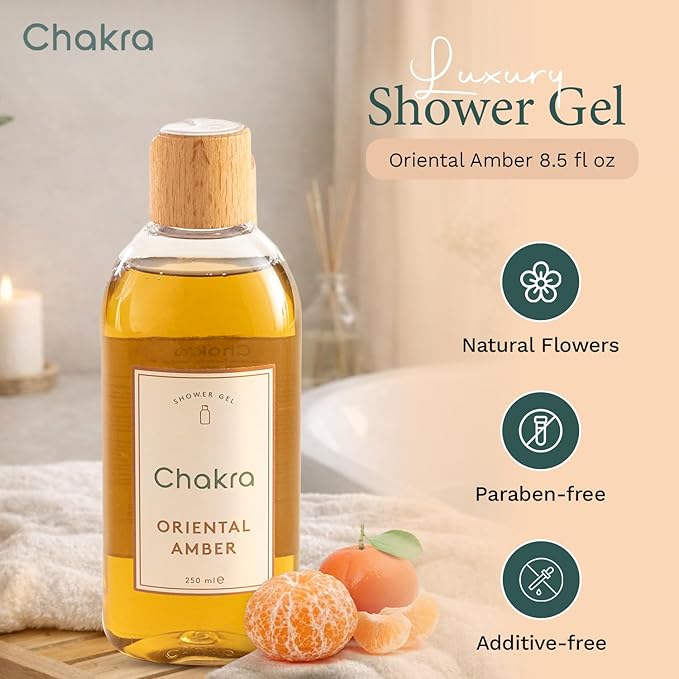 Chakra Body Wash for Women & Men - Moisturizing Shower Gel for Deep Cleansing and Silky Skin - Gentle Daily Body Care with Long-Lasting Freshness, 8.45 fl oz, Oriental Amber