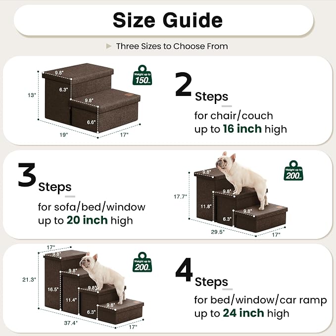 Love's cabin Dog Stairs for High Bed, Foldable Pet Stairs for Small Medium or Large Dogs Puppy with Storage for Bed or Couch, Cat Dog Steps Ramp with Zip up to 200 lbs, Coffee, 2 Steps