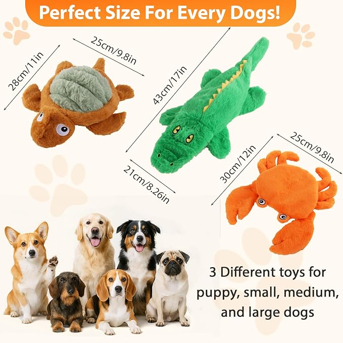 No Stuffing Dog Toys for Puppies, Small & Medium Dogs, 3 Pack Squeaky Crinkle Plush Toys for Teething & Anxiety Relief, Lightweight Interactive Animal Set to Keep Them Busy