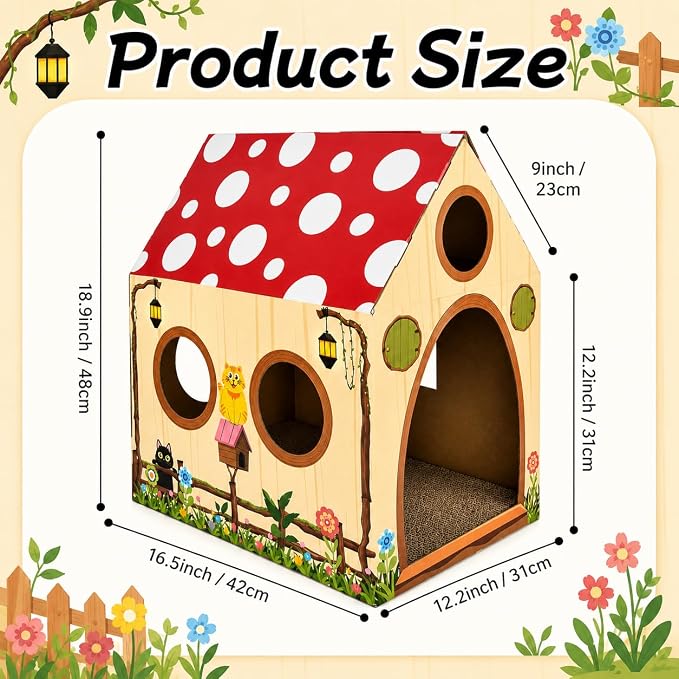 Cinrobiye Cardboard Cat House with Scratcher, Indoor Cat Condo Cat Cave Hideout with Scratch Pad, Cardboard Cat Playhouse Bed for Cats, Kittens, Rabbits & Small Pets (Mushroom)