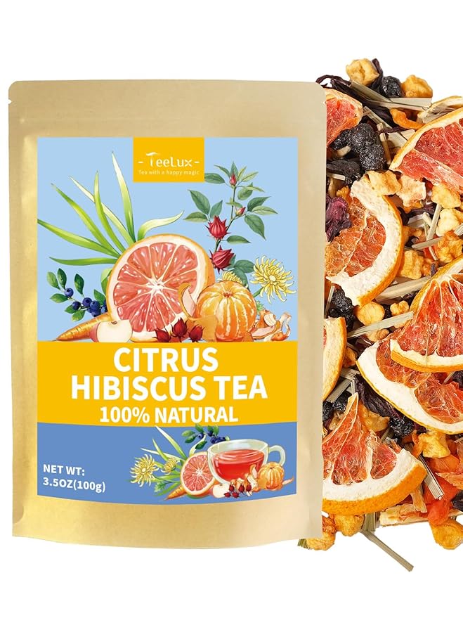 TeeLux Citrus Hibiscus Herbal Tea, Refreshing & Tangy Fruit Blend with Lemongrass & Mint, Caffeine-Free, Loose Leaf, Hot or Iced Tea, 3.5 oz
