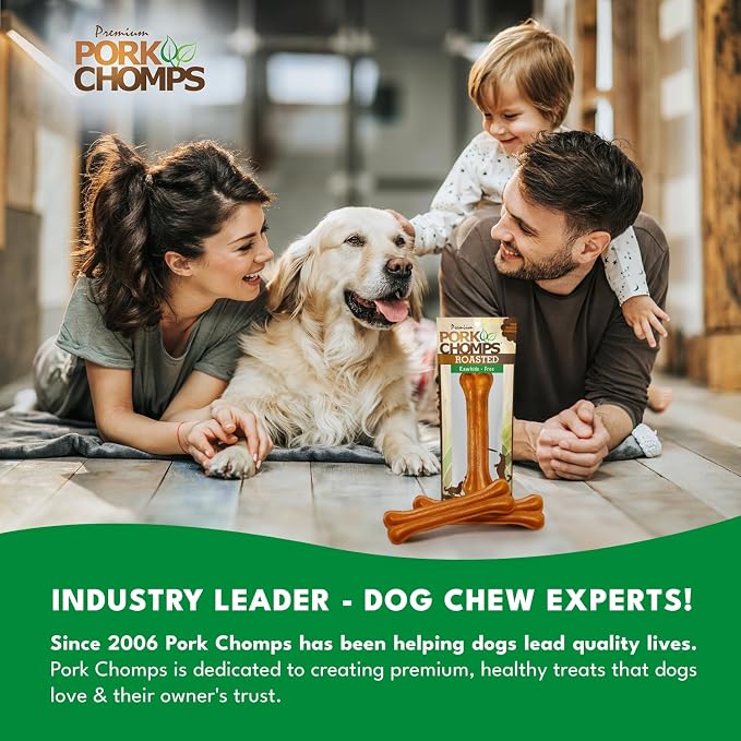 Pork Chomps Rawhide Free Pork Skin Dog Chew Bone, 7in, 1ct | Roasted, pressed pork skin chew. Long-lasting, high protein, low fat, healthy & delicious.