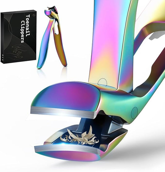 FERYES Angled Head Long Handled Toenail Clipper for Seniors - Large Wide Jaw Nail Clipper with Catcher for Thick Nails - Easier Trimming, Ergonomic Design (Rainbow
