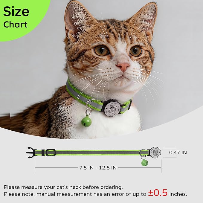 Breakaway Cat Collar QR Code, Reflective Bell, Adjustable Kitten, Green