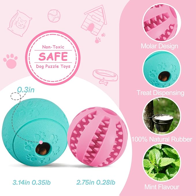 HIPPIH Dog Puzzle Toy 2 Pack, Interactive Dog Toys for Treat Dispensing | Durable Puppy Enrichment Toys, Dog Treat Ball for Teething, Slow Feeder, IQ Training, Pink-2.75'', Green-3.14''