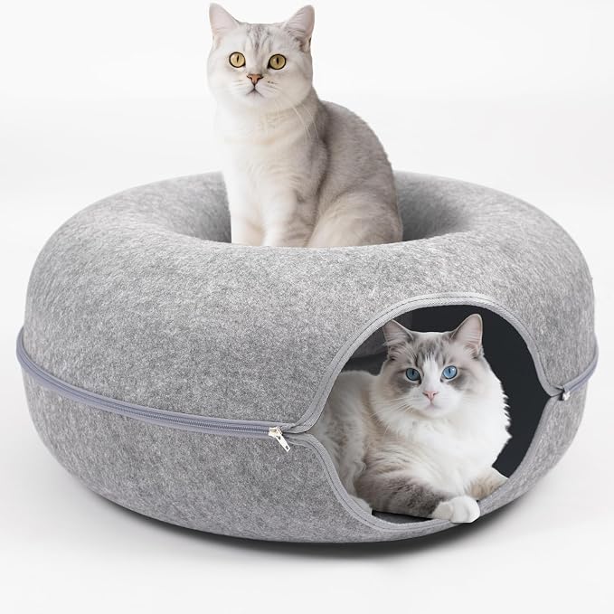 Cat Caves for Indoor Cats, Large Cat Tunnel for Multiple & Large Cats, Scratch Detachable Cave Bed, Kitten Donut Kitty Hideaway Up to 45 Lbs (Light Grey, Large, 1 Pack)