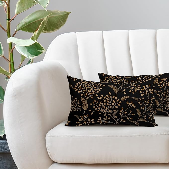 Boho Lumbar Pillow Covers 12X20 Inch Set of 2 Black Gold Floral Leaves Decorative Pillow Cases Vintage Flower Leaf Cotton Linen Cushion Case Farmhouse Home Decor for Sofa Couch Porch Outdoor