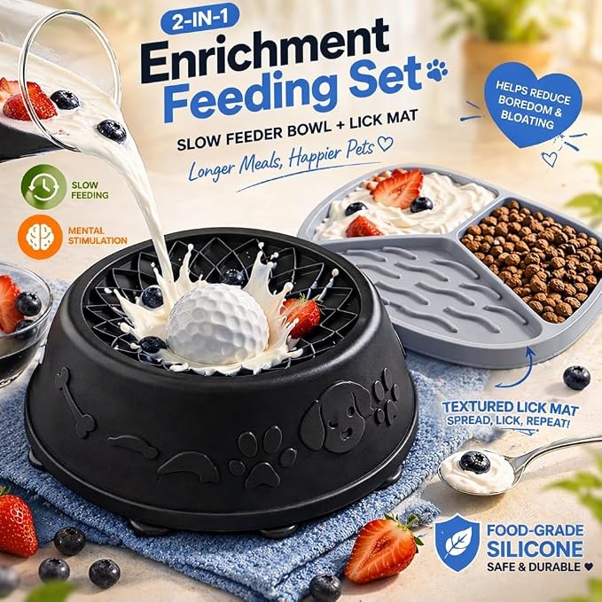 Slow Feeder Dog Bowls with Rolling Ball & Lick Mat for Dogs, Interactive Dog Enrichment Toy, Anti-Slip Puzzle Feeder for Yogurt, Bone Broth & Wet Food, Slow Eating Bowl for Small, Medium & Large Dogs