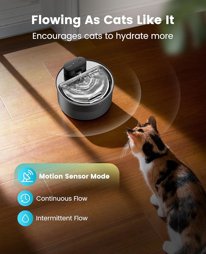 oneisall 108oz/3.2L Cordless Cat Water Fountain for Cats & Small Dogs | Ultra Quiet,Stainless Steel Tray,Rechargeable 45-day Battery,3 Flow Modes(Motion sensor),5-layer Filter,Display Indicator