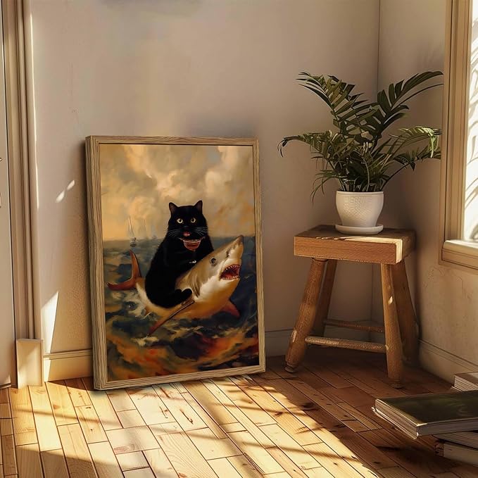 Funny Black Cat Riding Shark Wall Art Whimsical Bar Cart Wall Decor Picture Eclectic Shark Ocean Poster Canvas Painting Prints for Bedroom Living Room 12x16 inch Framed