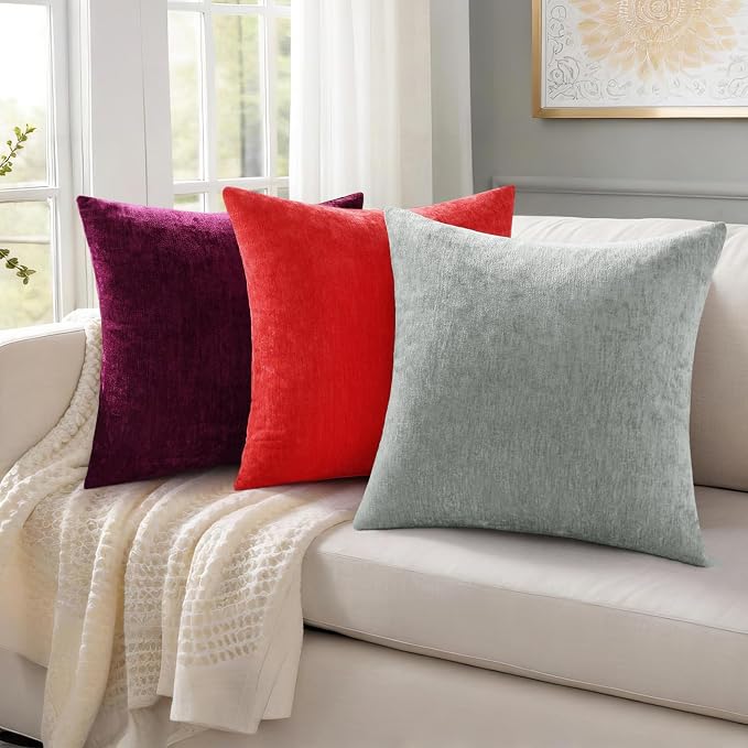 decorUhome Soft Chenille Grey Throw Pillow Covers 26X26 Set of 2 | Decorative Fall Couch Pillow Covers Solid Dyed Accent Modern Euro Sham Farmhouse Neutral Square Pillow Cases for Sofa