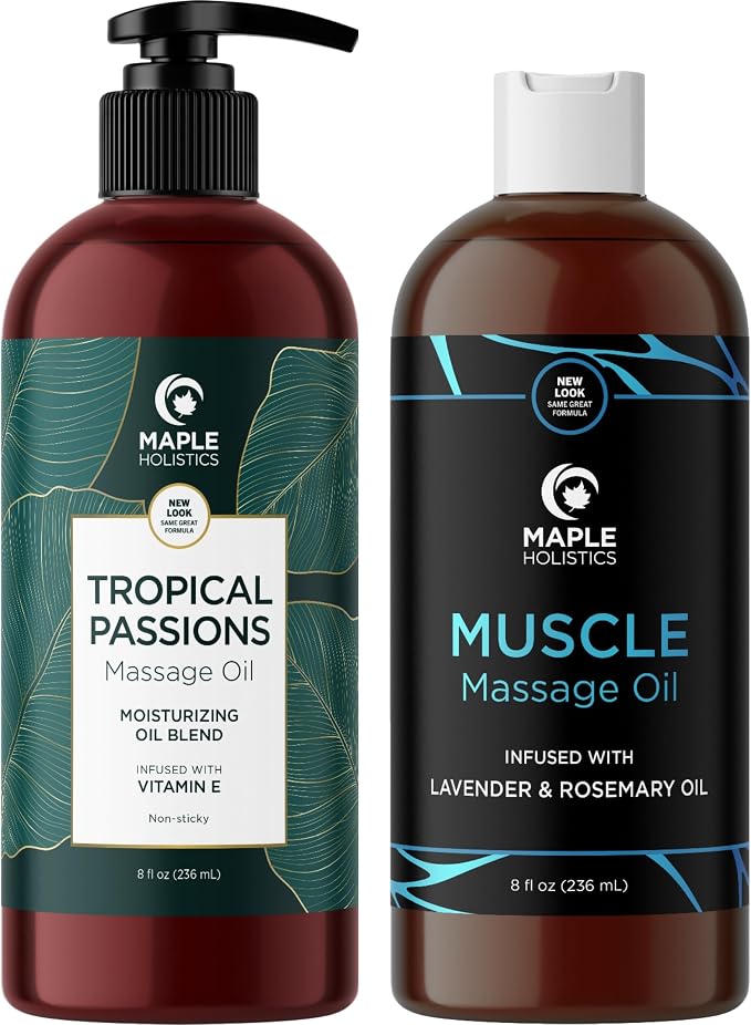 Sensual Couples Massage Oil - Tropical Full Body Oil with Jojoba, Coconut & Sweet Almond Plus Sore Muscle Relief with Rosemary - Non GMO, Gluten Free & Vegan