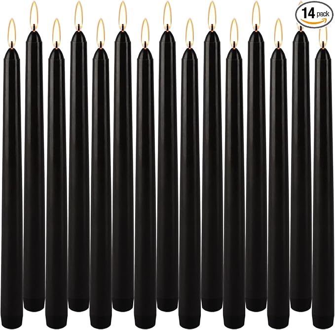 WPONSZU Set of 14 Black Taper Candles, 7-8 Hours Burn Time, Unscented, Smokeless and Dripless, 4/5 x 10 Inch Dinner Candle Set for Halloween,Household, Wedding, Party and Home Décor Candlesticks
