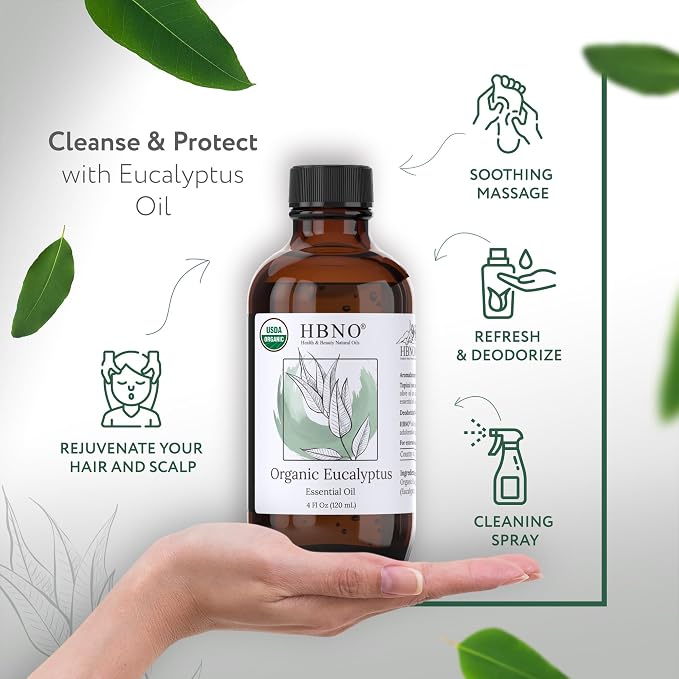 HBNO California Bottled Organic Eucalyptus Essential Oil (Globulus) - 4 fl oz (120ml) - USDA Certified Organic - Ideal for Diffuser, Hair, Face, Skin Care, Aromatherapy, Scalp & Body Massage