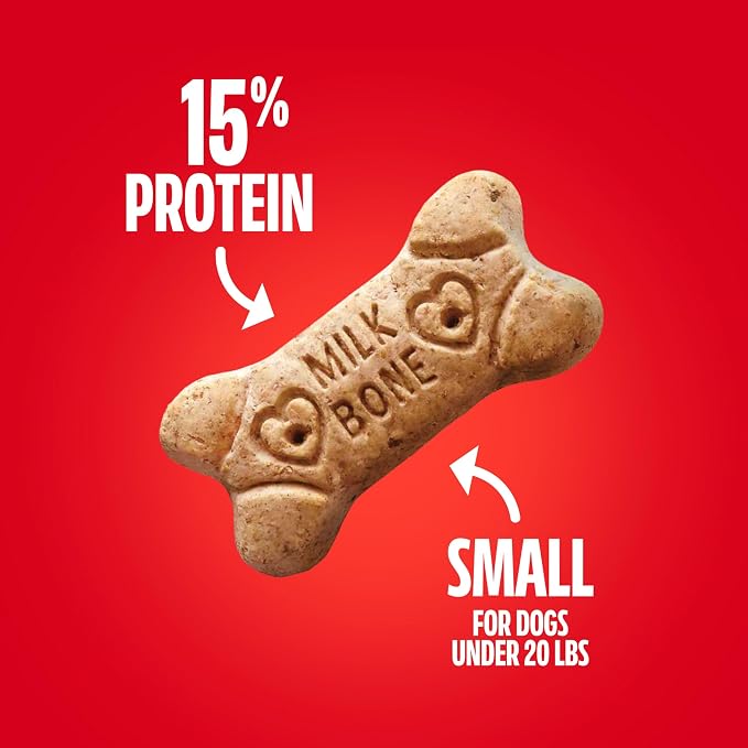 Milk-Bone Original Biscuits Small Dog Treats, 12 Boxes | 24-oz. boxes, Tail-wagging meaty taste, 15% protein, For dogs less than 20 lbs.
