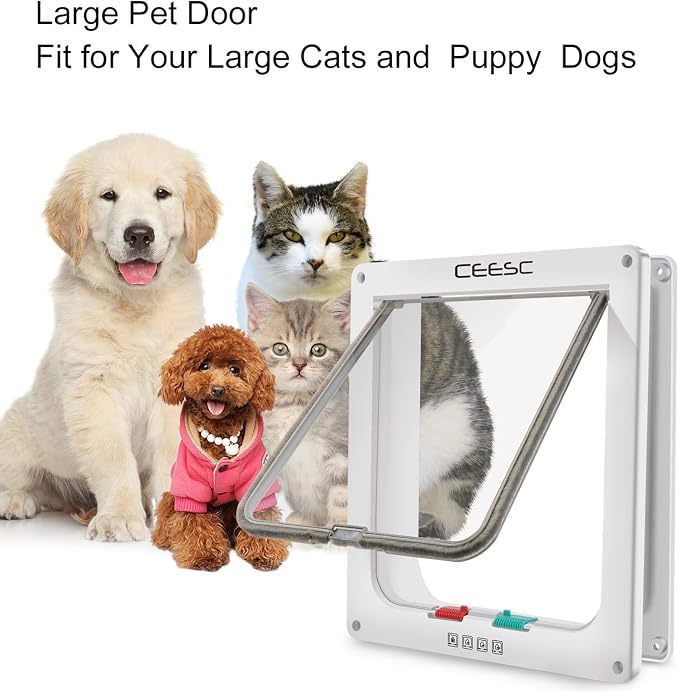 CEESC Extra Large Cat Door (Outer Size 11"x9.8"), Weatherproof, White, ABS Material, 4-Way Locking Flap for Cats & Dogs up to 25.54 lbs (Pack of 2)