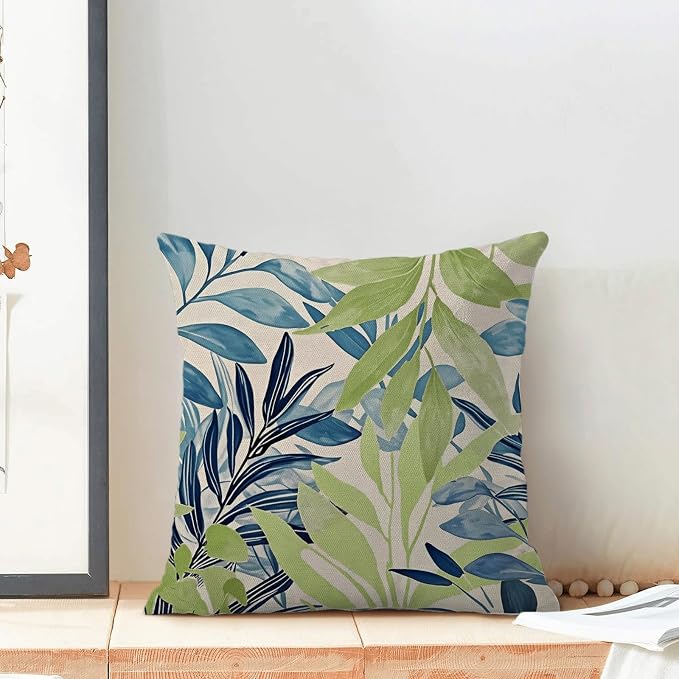 Summer Pillow Covers 18x18 Inches Set of 2 Sage Green Blue Leaves Throw Pillow Covers Outdoor Modern Spring Summer Leaf Decoration Pillowcase Farmhouse Decorative Cushion Cover for Sofa Couch
