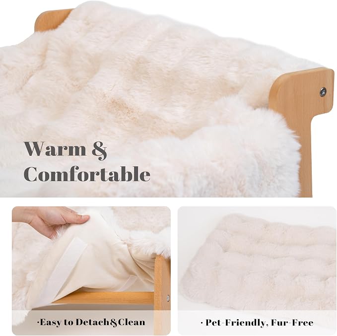 Elevated Cat Couch Bed Wooden Raised Kitty Sofa Lounge Chair | Washable Fluffy Cover Wooden Elevated Pet Furniture for Indoor Cats and Puppy(White)