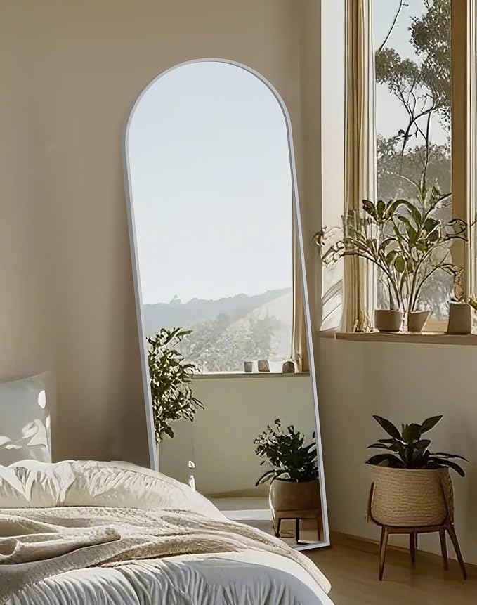 Arched Full Length Mirror with Stand, 69x24 Silver Floor Mirror | Aluminium alloy frame with HD float glass for distortion-free reflection. Free standing or wall mounted.