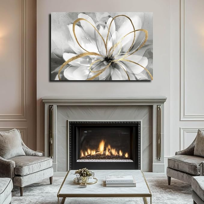 SOUGUAN White Floral Wall Decor Grey Background Modern Painting Wall Art 24"x36" Neutral Artwork Paintings for Bedroom Kitchen Pictures